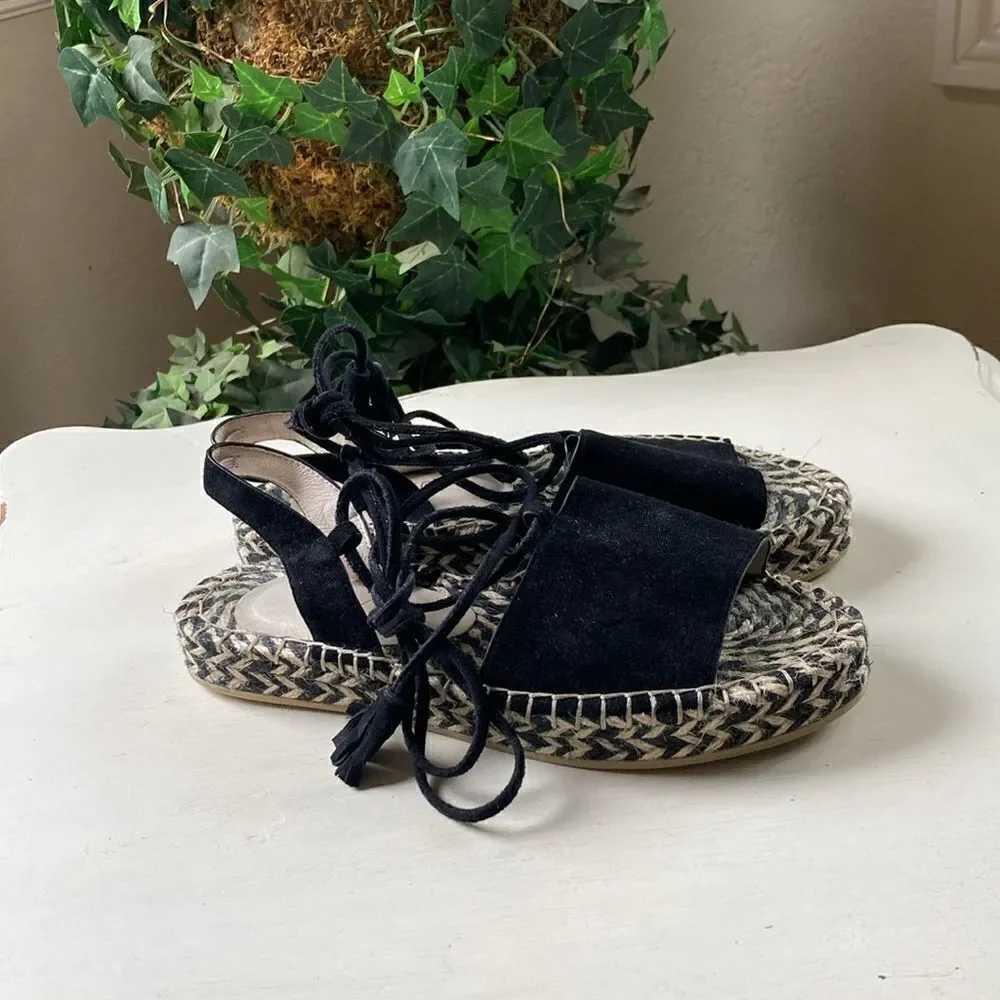 Revole Raye Espadrilles Black Leather Suede Lace up Tassel Detail Size 8.5